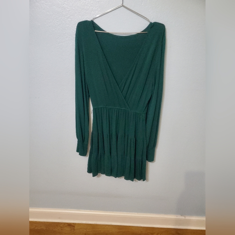 Chic Long Sleeve Green Ruffled Mini Dress